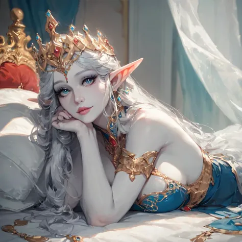 score_9, score_8_up, score_7_up, Expressiveh, ultra detailed, beautiful dark elf queen, laying in bed, solo, beautiful face, beautiful crown of black marble color, beautiful hair, long hair, ((pale skin)), beautiful clothes of noble vampire, cloth of kings, Masterpiece, best quality, royal bedroom, expressiveh 