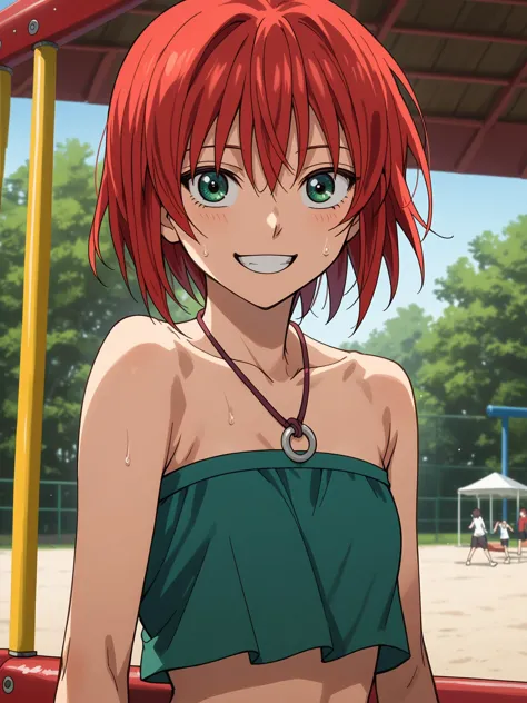 anime girl with red hair and green eyes standing in front of a playground