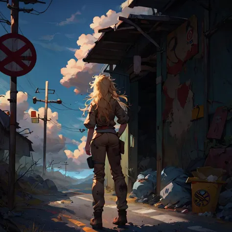 score_9, score_8_up, highres, 1girl, long hair, blonde hair, messy hair, standing, dirty clothes, post-apocalypse, wasteland, du...