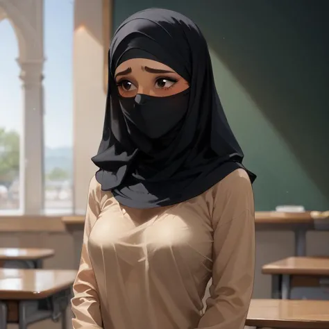 a woman in a black hijab stands in a classroom