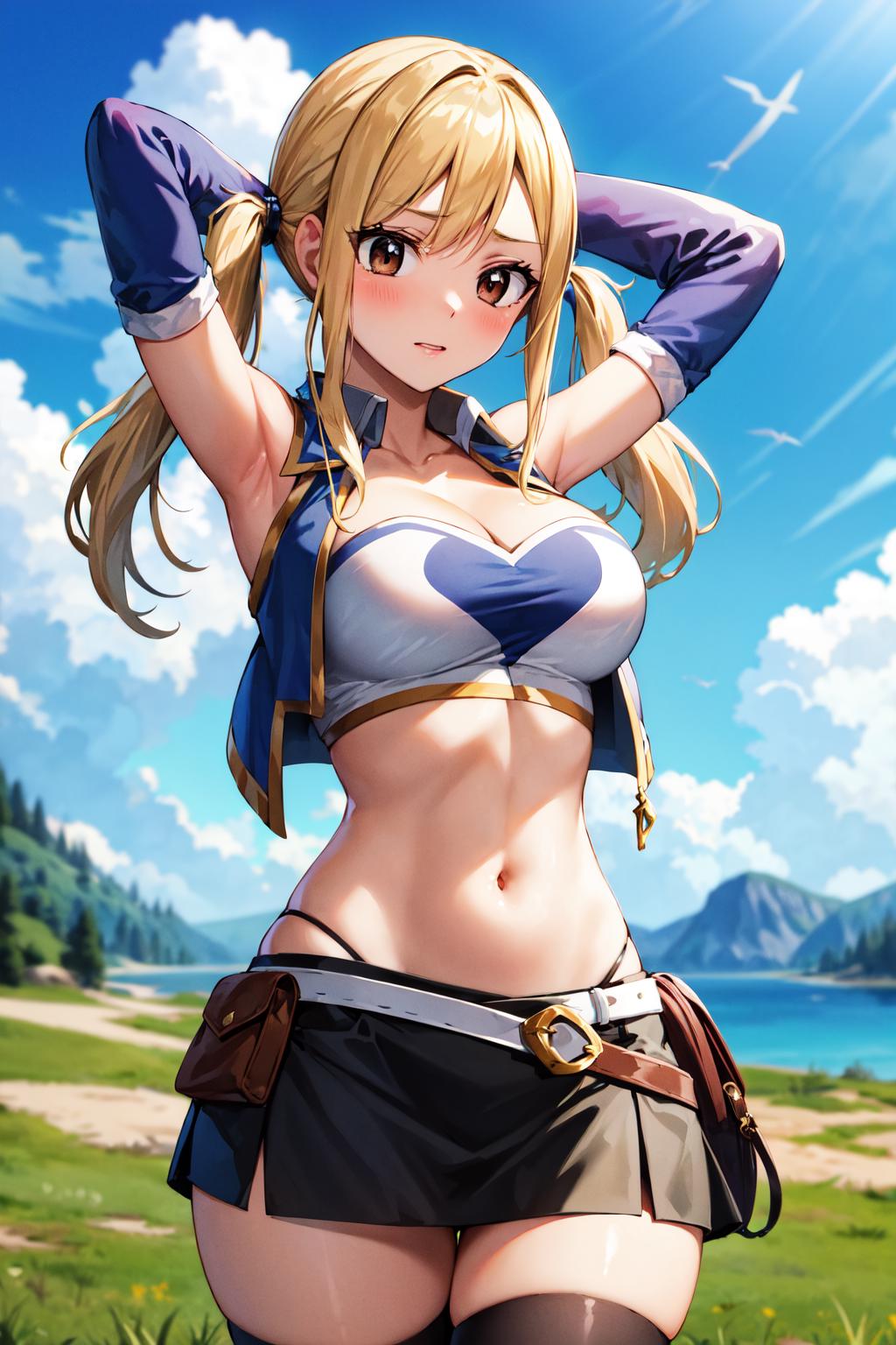 A woman in a bikini top and shorts posing in front of a lake - SeaArt AI