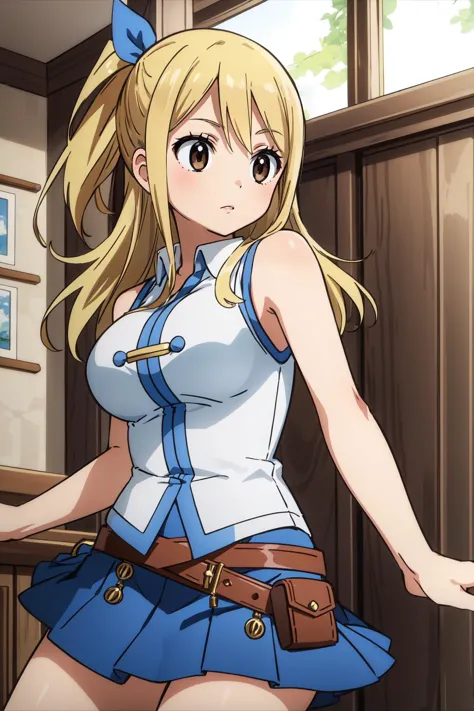 (masterpiece, best quality), intricate details, 
 <lora:lucy_heartfilia_v1.1:0.8> lucy heartfilia, 1girl, solo, blonde hair, brown eyes, long hair, hair ribbon, large breasts, white shirt, sleeveless, belt, blue skirt,