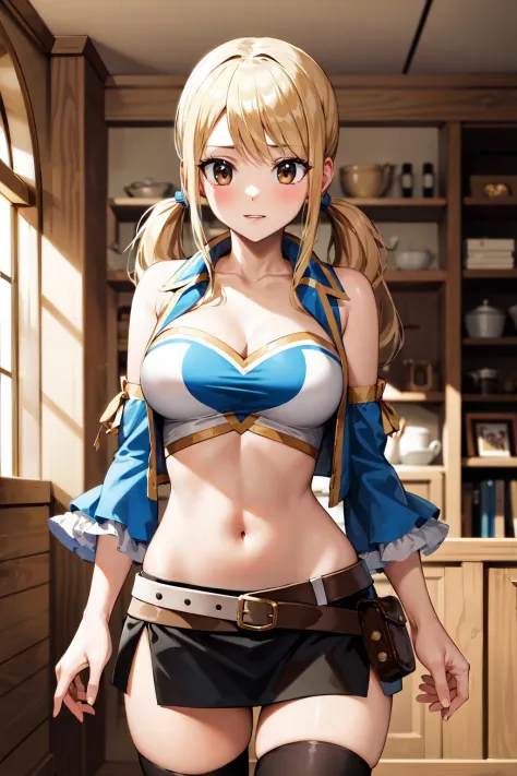 masterpiece, best quality, highres, lucy heartfilia, blonde hair, twintails, large breasts, black thighhighs, detached sleeves, ...