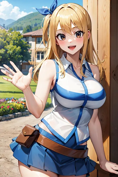 masterpiece, best quality, highres, lucy heartfilia, blonde hair, long hair, large breasts, white shirt, sleeveless, belt, blue skirt, <lora:lucy_heartfilia_v11:0.7>, cowboy shot, standing, looking at viewer, outdoors, waving, smile, open mouth,