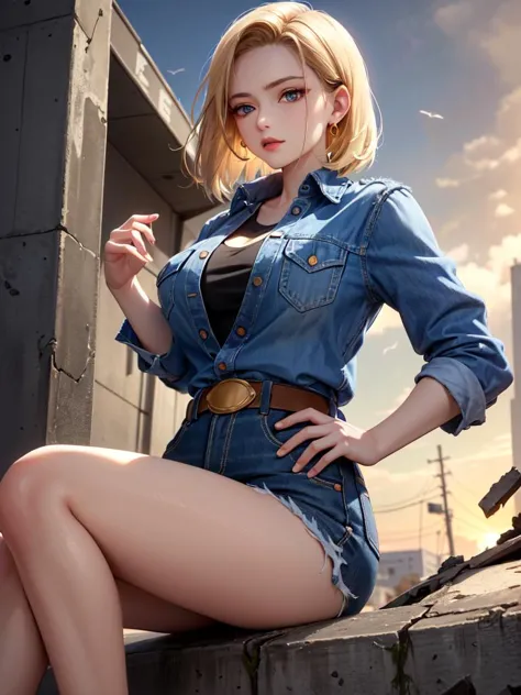 (masterpiece, best quality),android18,earrings,denim,belt,large breasts,sitting on a building that collapsed due to war,dirty clothes,damaged clothes,