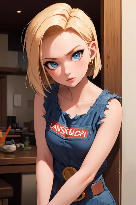(masterpiece, best quality), 1girl, beautiful face, beautiful body,  <lora:android_18:1> android18, earrings, denim, belt