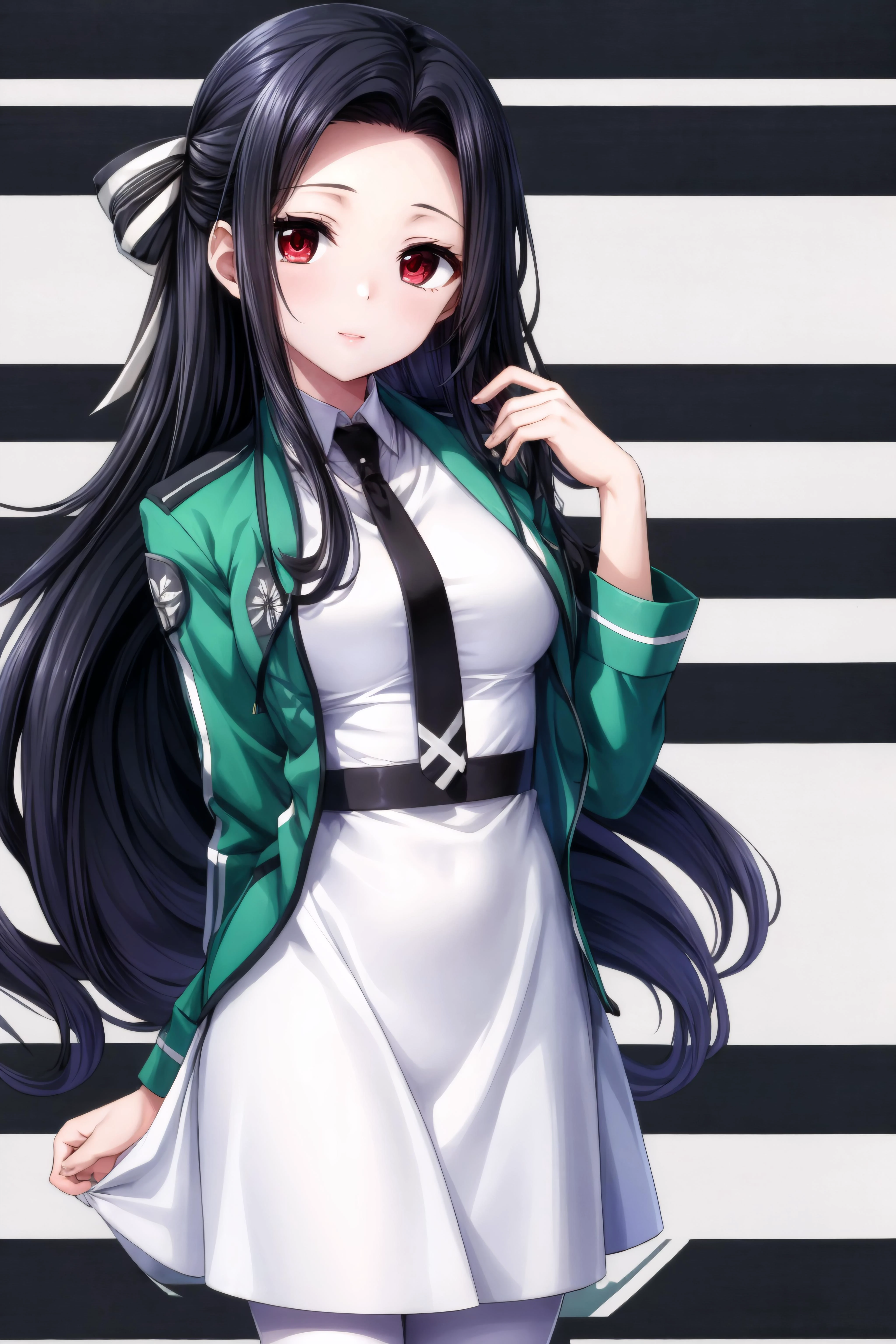 (masterpiece, best quality), mayumi saegusa, red eyes, black hair, long hair, medium breasts, striped ribbon, cropped green jacket, long sleeves, white dress, black necktie, pantyhose, standing, 
 