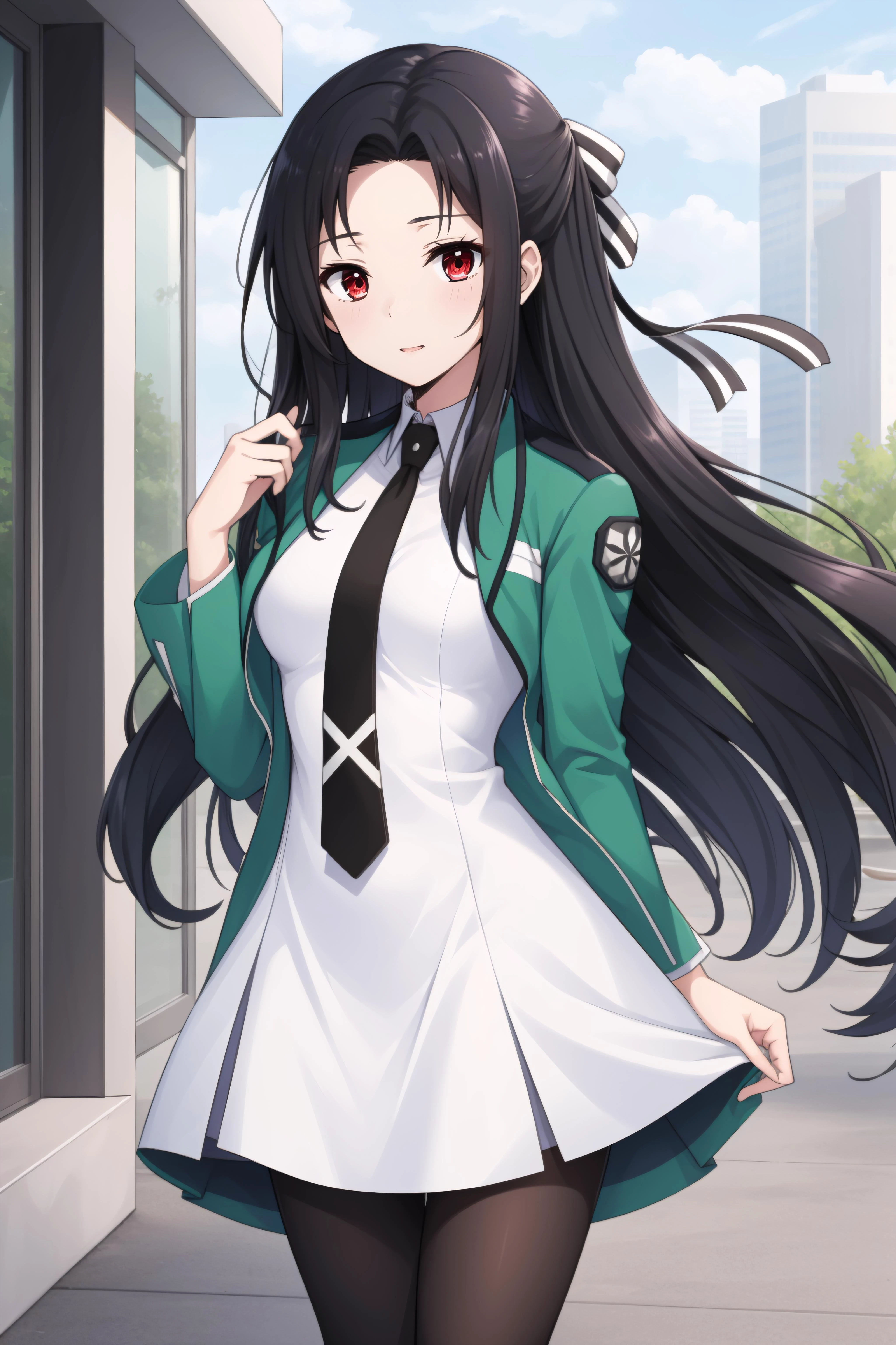 (masterpiece, best quality), mayumi saegusa, red eyes, black hair, long hair, medium breasts, striped ribbon, cropped green jacket, long sleeves, white dress, black necktie, pantyhose, standing, 
 