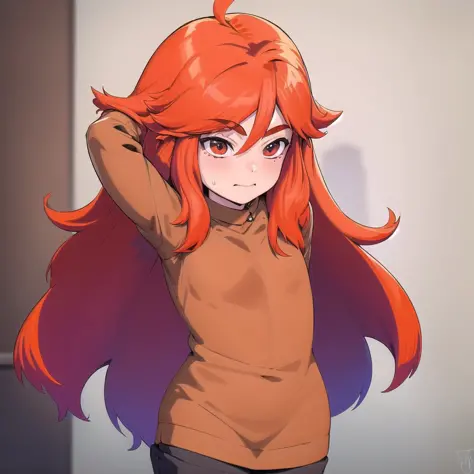 ((best quality)), ((masterpiece)), 1girl, long hair, orange hair, red sweater,  arms back, sexy, cute face, <lora:Madeline:0.8>,