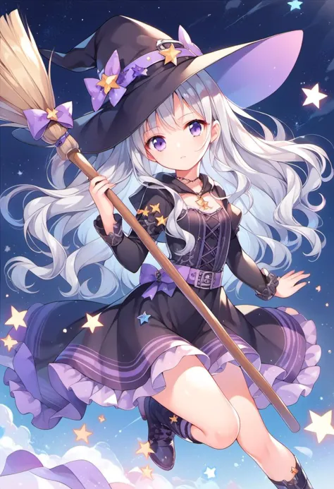 score_9, score_8_up, score_7_up, source_anime, 1girl, witch, silver hair, wavy hair, purple eyes, holding broom, starry sky