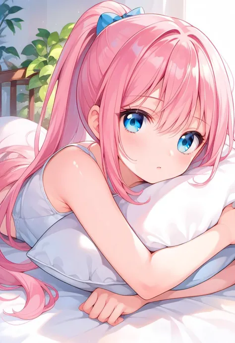 score_9, score_8_up, score_7_up, source_anime, 1girl, pink hair, ponytail, blue eyes, on bed, on stomach, pillow, face focus
