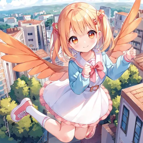score_9, score_8_up, score_7_up, source_anime, girl with wings flies above city, in air, cute face, smile, orange eyes, 
