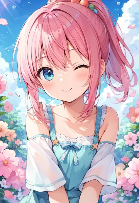 score_9, score_8_up, score_7_up, source_anime, best quality, masterpiece,1girl, cute, pink hair, ponytail, wink