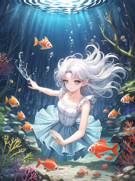 a girl in a dress is floating in the water surrounded by fish