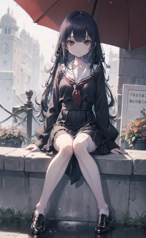 anime girl sitting on a wall with an umbrella in her hand