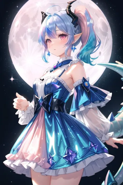 a girl in a blue dress standing in front of a full moon