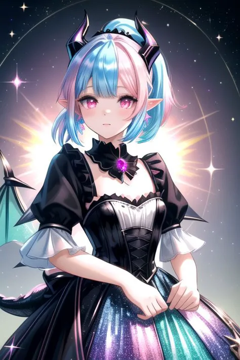 a girl in a dress with a bat and a star in the background