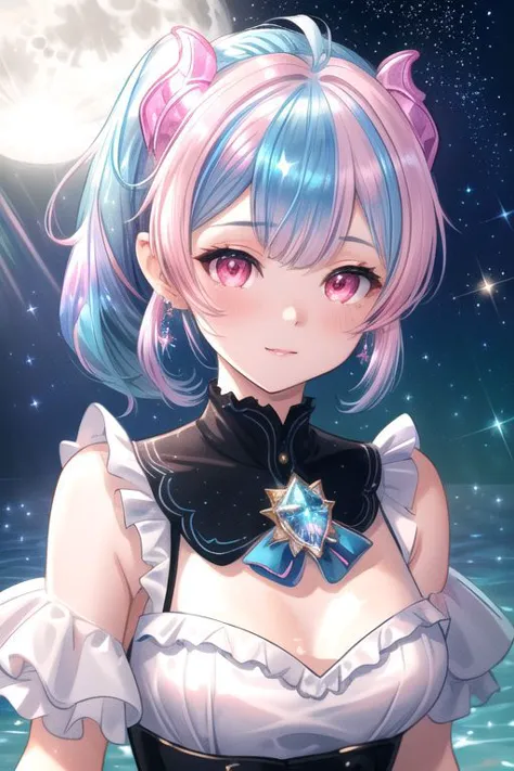 professional image of a cute young woman, (frilly elegant glossy dark holographic dress, moon brooch, moon earrings, moon accessories:1.2),
(water dragon horns, water dragon tail:1.3), (short hair, side ponytail, hair above cheeks, light blue hair with light pink hairtips, gradient hair, multicolored hair:1.4), red eyes, (small breasts, cute face, innocent, shy, pointy ears:1.1), (sparkles, sparkling clothes, sparkles near eyes:1.3),
(intricate aquatic background, sparkling beach), 
(absurdres, incredibly absurdres, huge filesize, extremely detailed, High quality texture, physically-based rendering, Ray tracing, octane render, sharp focus, (8k), (4k), (Masterpiece), (Best Quality), extremely detailed, intricate, hyper detailed, illustration, soft lighting, high resolution, sharp detail,)