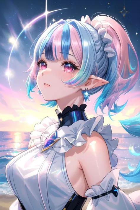 a girl with blue hair and a white dress standing on a beach