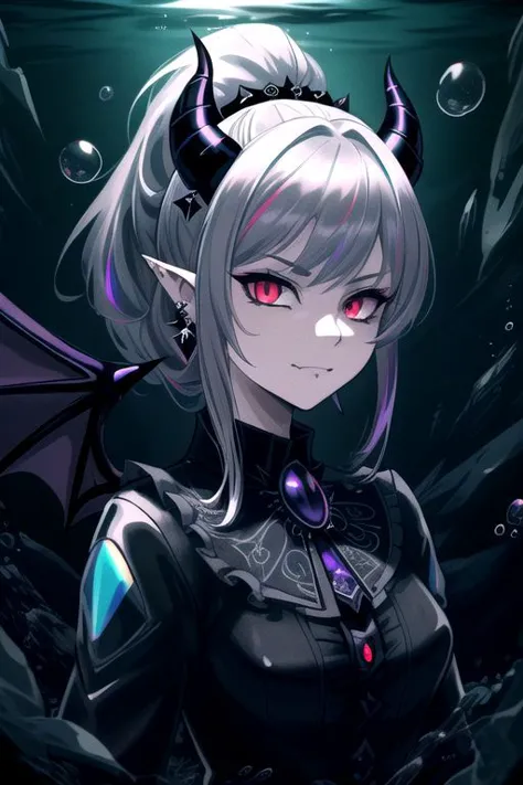 professional image of a cute young woman, (frilly elegant glossy dark holographic dress, pearl brooch, pearl earrings, pearl accessories),
(demon horns, demon tail, demon wings:1.1), (hair, ponytail, hair above cheeks, grey hair with dark purple hairtips, gradient hair, multicolored hair:1.2), (red eyes, evil smirk, evil face:1.2), (pointy ears, sharp fangs:1.1), (snake eyes), (Corrupt_Girl, corruption, dark persona:1.3), dark,
(intricate dark aquatic background, underwater darkness, dark water, dark ocean floor, deep-sea fish, bubbles:1.4), 
(ultra wide angle shot, cinematic style, absurdres, incredibly absurdres, huge filesize, extremely detailed, High quality texture, physically-based rendering, Ray tracing, octane render, sharp focus, (8k), (4k), (Masterpiece), (Best Quality), extremely detailed, intricate, hyper detailed, illustration, soft lighting, high resolution, sharp detail,)