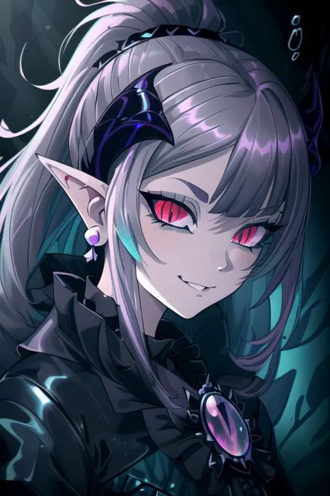 a girl with long hair and red eyes in a dark outfit