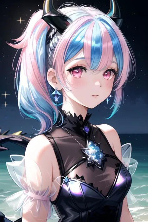 a girl with blue hair and horns standing on the beach