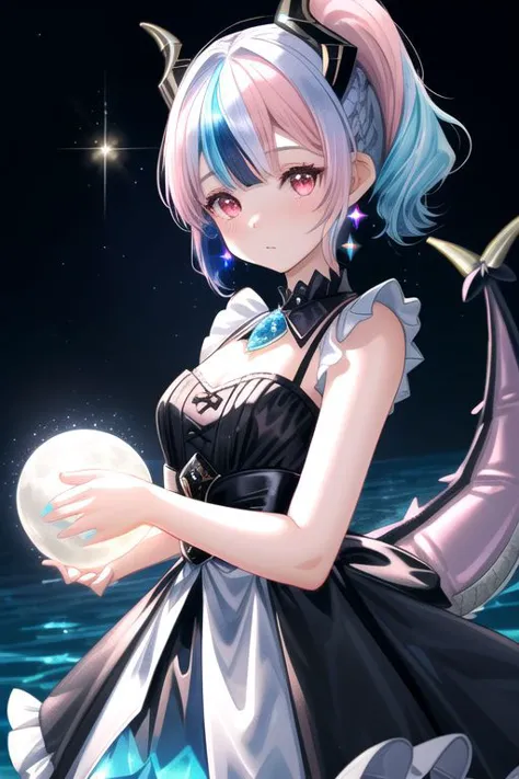 professional image of a cute young woman, (frilly elegant glossy dark holographic dress, moon brooch, moon earrings, moon accessories:1.2),
(black dragon horns, black dragon tail:1.3), (short hair, side ponytail, hair above cheeks, light blue hair with light pink hairtips, gradient hair, multicolored hair:1.4), red eyes, (small breasts, cute face, innocent, shy, pointy ears:1.1), (sparkles, sparkling clothes, sparkles near eyes:1.3),
(intricate aquatic background, sparkling beach), 
(absurdres, incredibly absurdres, huge filesize, extremely detailed, High quality texture, physically-based rendering, Ray tracing, octane render, sharp focus, (8k), (4k), (Masterpiece), (Best Quality), extremely detailed, intricate, hyper detailed, illustration, soft lighting, high resolution, sharp detail,)