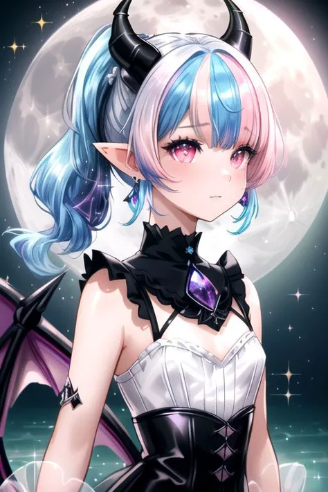 a woman with blue hair and horns in front of a full moon