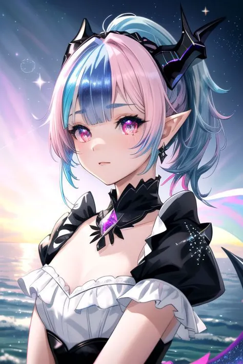 professional image of a cute young woman, (frilly elegant holographic dress, crescent brooch, crescent earrings, crescent accessories:1),
(black dragon horns, black dragon tail:1.2), (short hair, side ponytail, hair above cheeks, light blue hair with light pink hairtips, gradient hair, multicolored hair:1.4), red eyes, (small breasts, flat-chested, cute face, innocent, shy, pointy ears:1.1), (sparkles, sparkling clothes, sparkles near eyes:1.3),
(intricate aquattic background, beach), 
(absurdres, incredibly absurdres, huge filesize, extremely detailed, High quality texture, physically-based rendering, Ray tracing, octane render, sharp focus, (8k), (4k), (Masterpiece), (Best Quality), extremely detailed, intricate, hyper detailed, illustration, soft lighting, high resolution, sharp detail,)