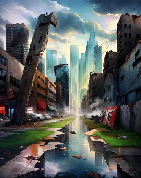 a painting of a city with a puddle of water in the middle