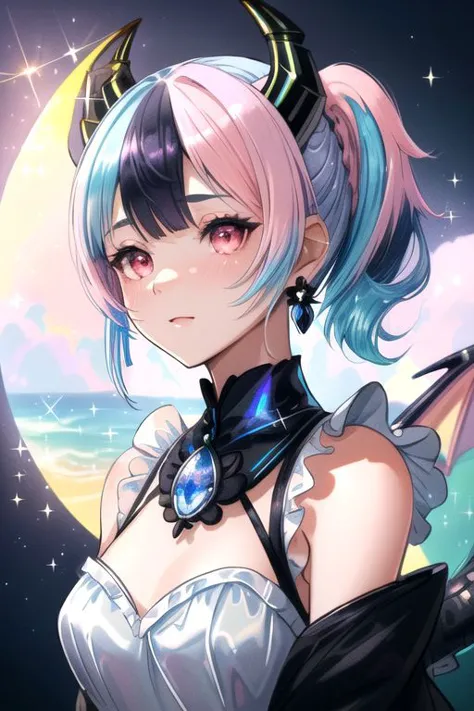 professional image of a cute young woman, (frilly elegant glossy holographic dress, moon brooch, moon earrings, moon accessories:1.2),
(black dragon horns, black dragon tail:1.3), (short hair, side ponytail, hair above cheeks, light blue hair with light pink hairtips, gradient hair, multicolored hair:1.4), red eyes, (small breasts, cute face, innocent, shy, pointy ears:1.1), (sparkles, sparkling clothes, sparkles near eyes:1.3),
(intricate aquatic background, beach), 
(absurdres, incredibly absurdres, huge filesize, extremely detailed, High quality texture, physically-based rendering, Ray tracing, octane render, sharp focus, (8k), (4k), (Masterpiece), (Best Quality), extremely detailed, intricate, hyper detailed, illustration, soft lighting, high resolution, sharp detail,)