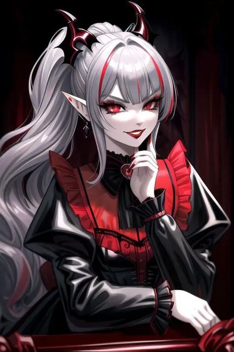 (half body, cowboy shot:1.2), professional image of a cute vampire woman, (frilly elegant glossy latex vampire dress, vampire brooch, vampire earrings, vampire accessories),
(vampire wings:1.1), (hair, ponytail, hair above cheeks, grey hair with red hairtips, gradient hair, multicolored hair:1.2), (red eyes, evil smirk, evil face:1.2), (pointy ears, perfect teeth:1.3), (snake eyes), (corruption, dark_persona:1.1), (glossy red lipstick, eyeshadow, red mascara, long eyelashes:1.3), (shiny glossy translucent clothing, gleaming oily latex fabric:1.1),
(intricate dark mansion background, vampire manshion, red latex furniture, red carpet:1.2), 
(absurdres, incredibly absurdres, huge filesize, High quality texture, physically-based rendering, Ray tracing, octane render, sharp focus, (8k), (4k), (Masterpiece), (Best Quality), extremely detailed, intricate, hyper detailed, high resolution, sharp detail)