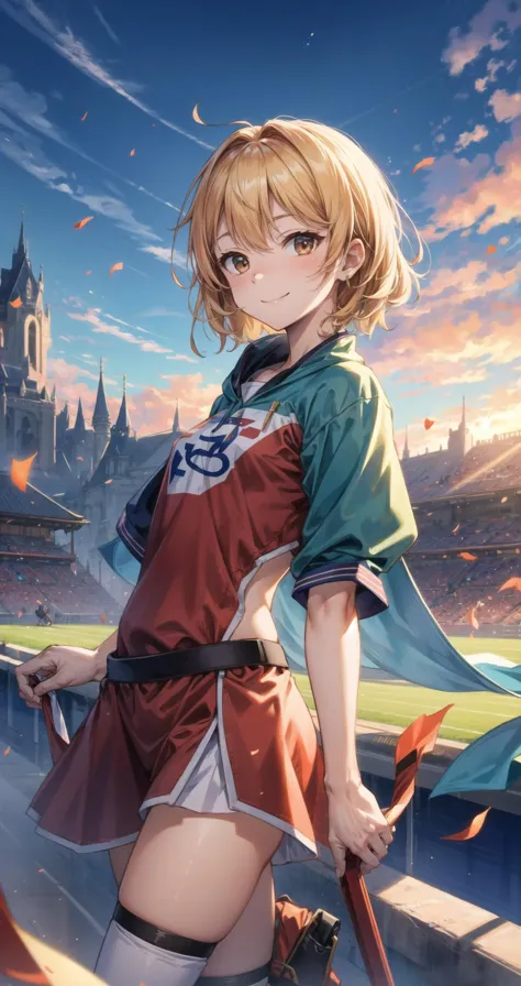 masterpiece, best quality, highres, BREAK, , , complex athletic field evening, , hazel, , , , yokozuwari, , mature female,looking at viewer, , mature, light, light red, , , resigned smile, ,(fantasy:1.2),