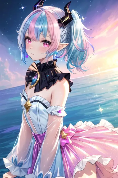 professional image of a cute young woman, (frilly elegant glossy holographic dress, crescent brooch, crescent earrings, crescent accessories:1.2),
(black dragon horns, black dragon tail:1.1), (short hair, side ponytail, hair above cheeks, light blue hair with light pink hairtips, gradient hair, multicolored hair:1.4), red eyes, (small breasts, flat-chested, cute face, innocent, shy, pointy ears:1.1), (sparkles, sparkling clothes, sparkles near eyes:1.3),
(intricate aquatic background, beach), 
(absurdres, incredibly absurdres, huge filesize, extremely detailed, High quality texture, physically-based rendering, Ray tracing, octane render, sharp focus, (8k), (4k), (Masterpiece), (Best Quality), extremely detailed, intricate, hyper detailed, illustration, soft lighting, high resolution, sharp detail,)