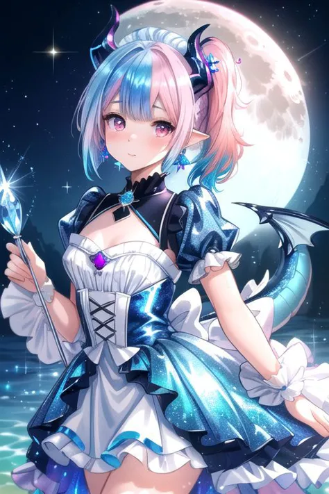 a girl in a dress holding a wand and a full moon