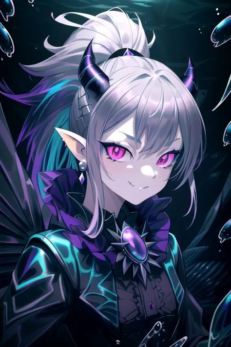 professional image of a cute young woman, (frilly elegant glossy dark holographic dress, pearl brooch, pearl earrings, pearl accessories),
(demon horns, demon tail, demon wings:1.1), (hair, ponytail, hair above cheeks, grey hair with dark purple hairtips, gradient hair, multicolored hair:1.2), (red eyes, evil smirk, evil face:1.2), (pointy ears, sharp fangs:1.1), (IncrsSlitPupil, slit pupils), (Corrupt_Girl, corruption, dark persona:1.3), dark,
(intricate dark aquatic background, underwater darkness, dark water, dark ocean floor, deep-sea fish, bubbles:1.4), 
(ultra wide angle shot, cinematic style, absurdres, incredibly absurdres, huge filesize, extremely detailed, High quality texture, physically-based rendering, Ray tracing, octane render, sharp focus, (8k), (4k), (Masterpiece), (Best Quality), extremely detailed, intricate, hyper detailed, illustration, soft lighting, high resolution, sharp detail,)