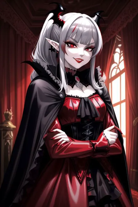 a woman in a red dress and black cape with horns