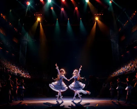 two women in white dresses are dancing on a stage with bright lights