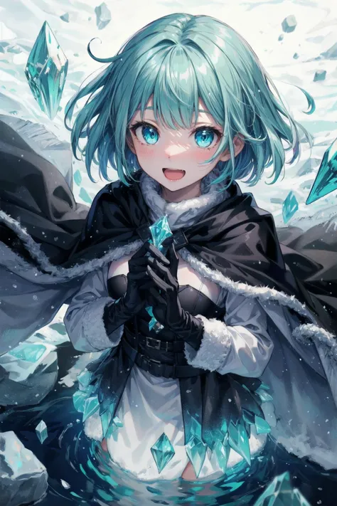 a girl with blue hair and a cape is standing in the snow