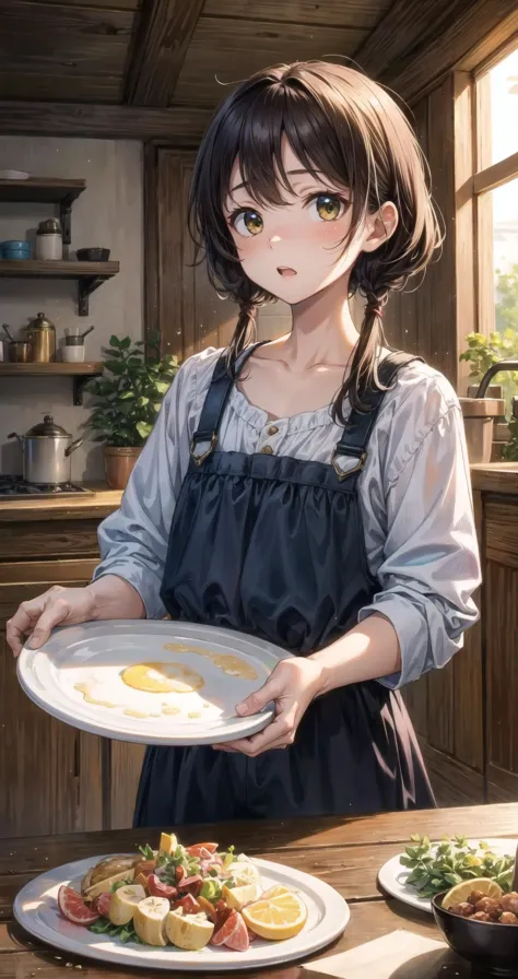 anime girl holding a plate of food in a kitchen