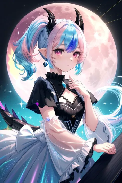 professional image of a cute young woman, (frilly elegant glossy holographic dress, moon brooch, moon earrings, moon accessories:1.2),
(black dragon horns, black dragon tail:1.3), (short hair, side ponytail, hair above cheeks, light blue hair with light pink hairtips, gradient hair, multicolored hair:1.4), red eyes, (small breasts, cute face, innocent, shy, pointy ears:1.1), (sparkles, sparkling clothes, sparkles near eyes:1.3),
(intricate aquatic background, beach), 
(absurdres, incredibly absurdres, huge filesize, extremely detailed, High quality texture, physically-based rendering, Ray tracing, octane render, sharp focus, (8k), (4k), (Masterpiece), (Best Quality), extremely detailed, intricate, hyper detailed, illustration, soft lighting, high resolution, sharp detail,)