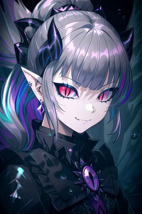 professional image of a cute young woman, (frilly elegant glossy dark holographic dress, pearl brooch, pearl earrings, pearl accessories),
(demon horns, demon tail, demon wings:1.1), (hair, ponytail, hair above cheeks, grey hair with dark purple hairtips, gradient hair, multicolored hair:1.2), (red eyes, evil smirk, evil face:1.2), (pointy ears, sharp fangs:1.1), (snake eyes, IncrsSlitPupil, slit pupils), (Corrupt_Girl, corruption, dark persona:1.3), dark,
(intricate dark aquatic background, underwater darkness, dark water, dark ocean floor, deep-sea fish, bubbles:1.4), 
(ultra wide angle shot, cinematic style, absurdres, incredibly absurdres, huge filesize, extremely detailed, High quality texture, physically-based rendering, Ray tracing, octane render, sharp focus, (8k), (4k), (Masterpiece), (Best Quality), extremely detailed, intricate, hyper detailed, illustration, soft lighting, high resolution, sharp detail,)