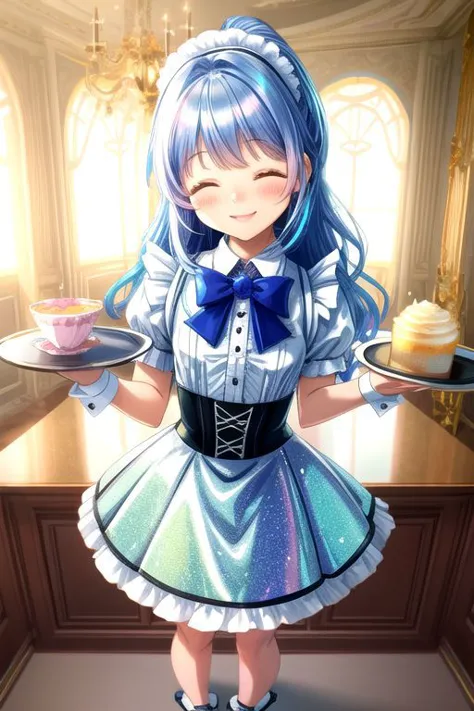 anime girl with blue hair holding a tray of cupcakes