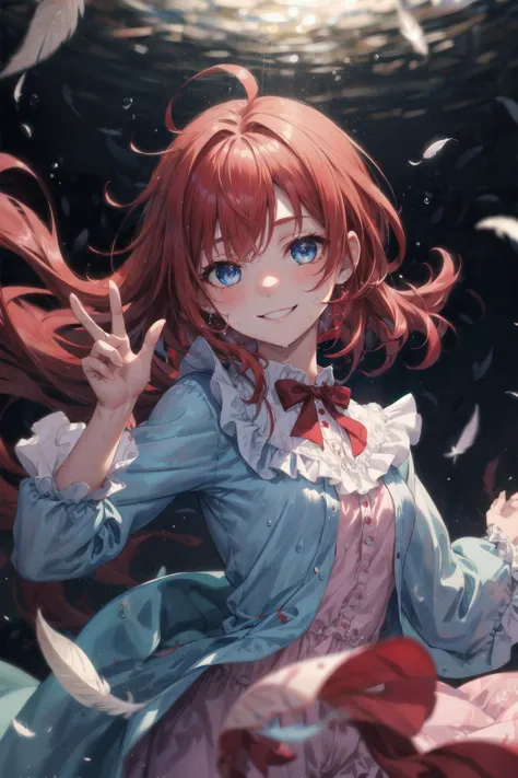 1girl,frilled pajamas,looking at viewer,floating_hair,blurry background,(feathers:1.1),glitter,floating,dress,dress out of frame,upper_body,(water drop:1.1),red_hair,messy_hair,long_hair,blue_eyes,15yo,smile,dancing, best quality,highres