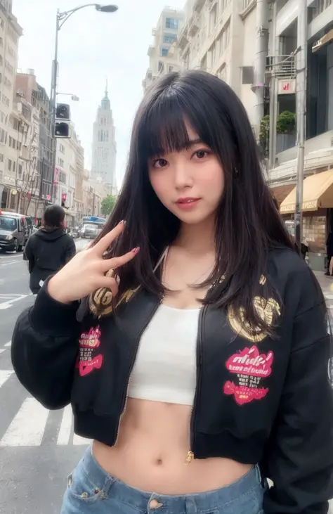 best quality, photorealistic, 8k, high res, (((1girl))), woman, (medium breast), ((looking at the viewer)), (looking at the camera), (medium hair), (professional lighting, bokeh), (street), (people, crowds:0.6), cityscape, neon light, time square, new york, (daytime), (varsity jacket with rock band tshirt inside:1.5), (portait:0.6), (baseball cap), rainy, water drop, water, ((sweat)), (poker face), mini jeans, short jeans, gold chain necklace, gorgeous, floating hair, (light particles, lens flare, glowing particles:0.6), (dynamic pose:1.2), soft lighting, <lora:UMI:0.65>