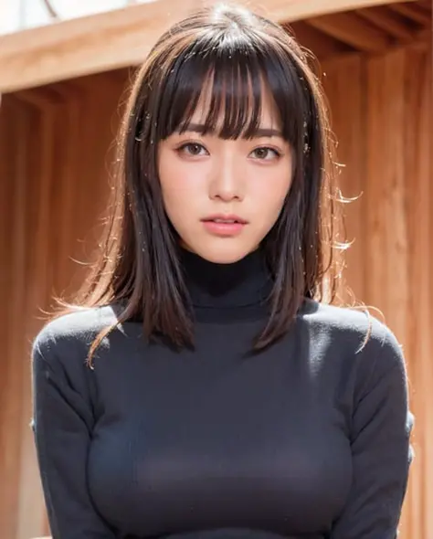 best quality, photorealistic, 8k, high res, 1girl, woman, (skindentation),  (professional lighting), (portrait:0.6), (blue turtleneck sweater), gorgeous, (short black hair:1), (looking at the camera), ((looking at viewer:1.5)), (looking at the camera), photorealistic, (bokeh), (portait:0.6), gorgeous, (dynamic pose:1.2), intense lighting to face area, lips, (closed mouth:1.3), smile,  <lora:VCOMix-B2-EP3-UmiV2:0.75>