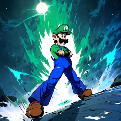 masterpiece, best quality,   <lora:WideStanceMeme:1> Luigi,  green aura IncrsWideStanceMeme, solo, from below, foreshortening, p...