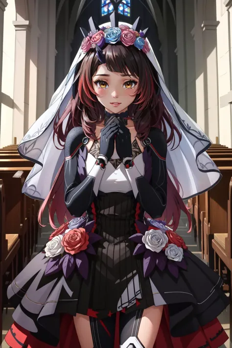 (masterpiece, best quality),  intricate details,
1girl,   <lora:roboco-san_v1:0.8> ddroboco, android, long hair, gradient hair, veil, head wreath, mechanical arms, mechanical legs, black dress
church, holding flowers, wedding,  <lora:Concept_HappyTears:0.8> happy tears