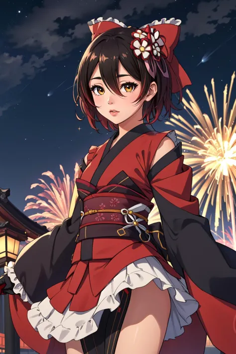 a woman in a red dress and black cape standing in front of fireworks