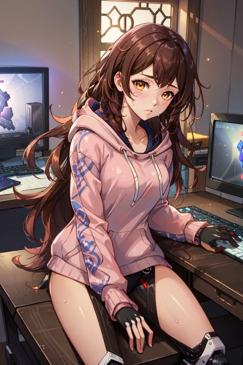 anime girl sitting on a desk with a laptop and a monitor